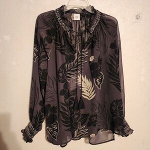 Cabi Aloha Tropical Sheer Peasant Blouse Tie Tassel Front Size L